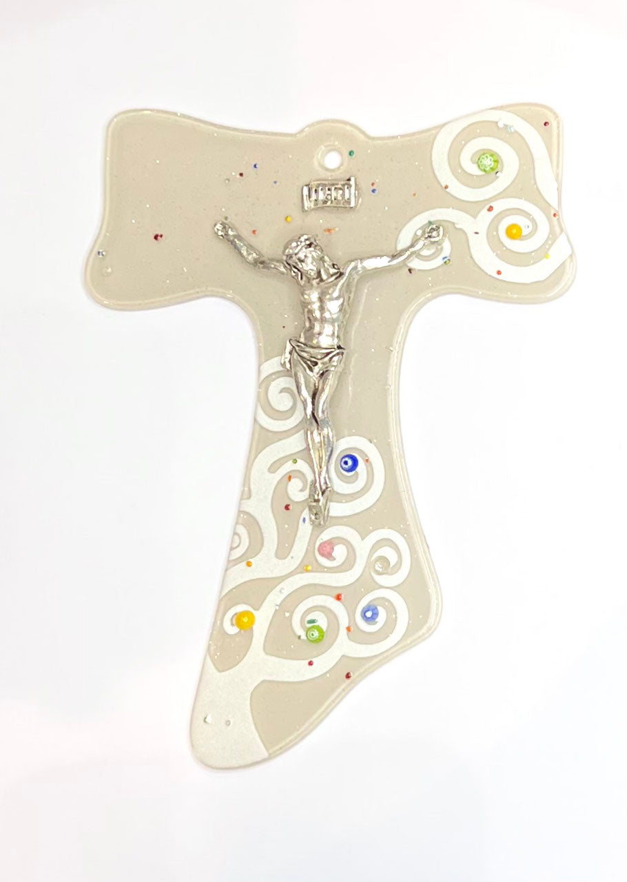 Tau in vetro con Cristo in bagno d'argento