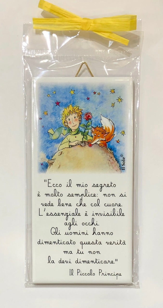 Piastrella in ceramica rettangolare da parete Piccolo Principe mod. B " ECCO IL MIO SEGRETO..."