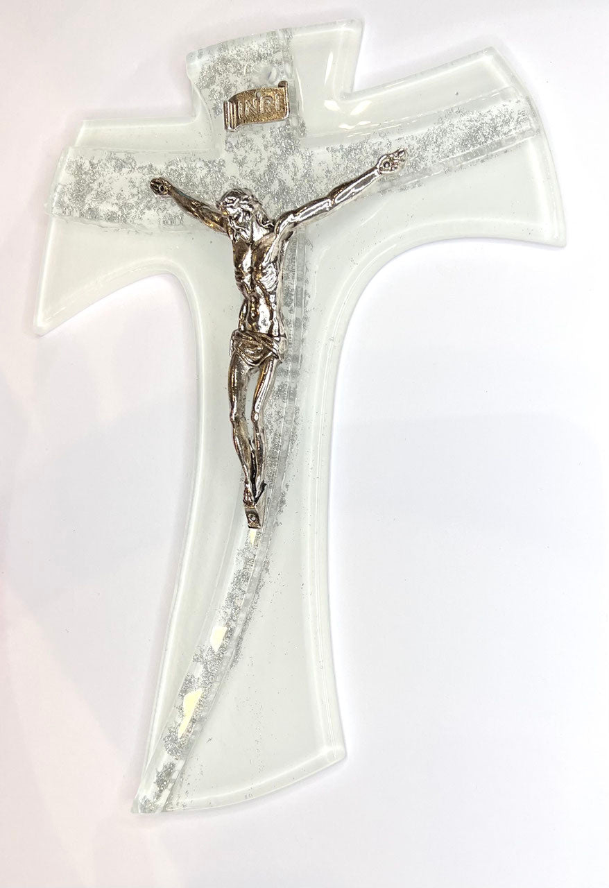Tau in vetro con Cristo in bagno d'argento