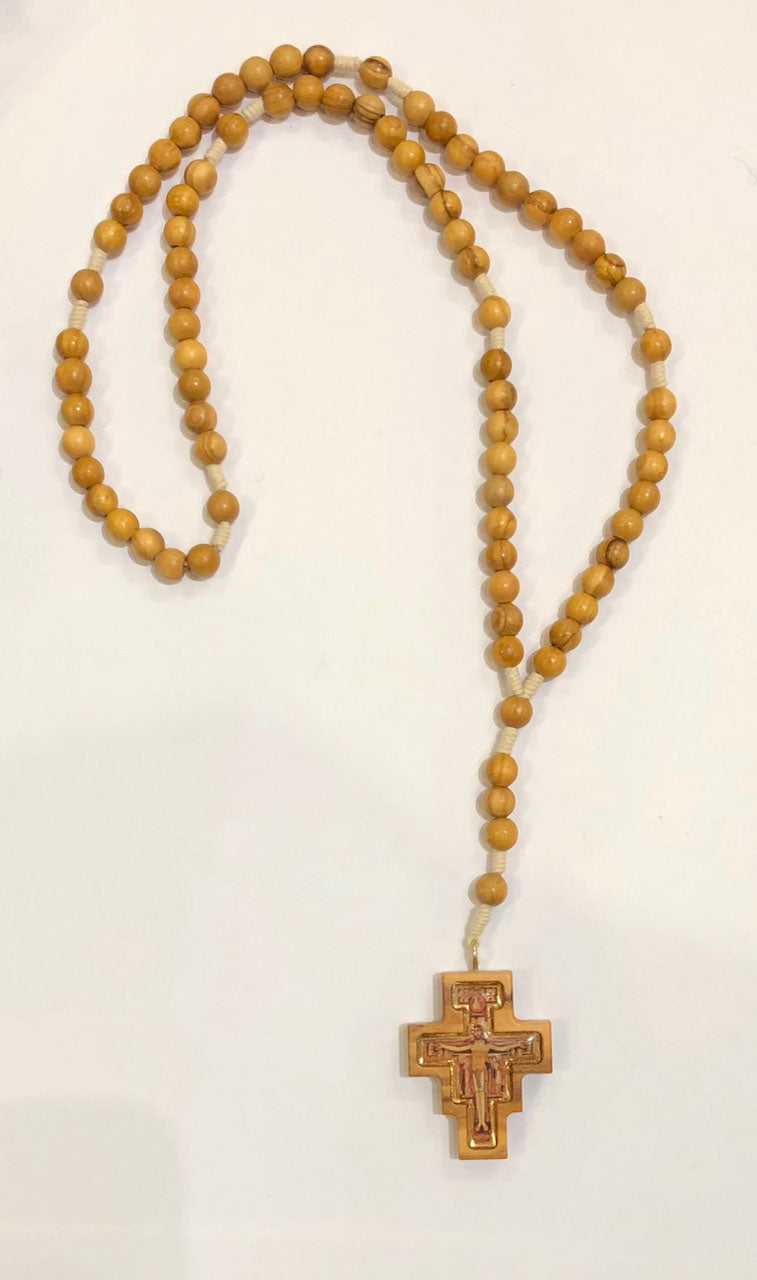 Rosario con croce di San Damiano con grani in legno d'ulivo