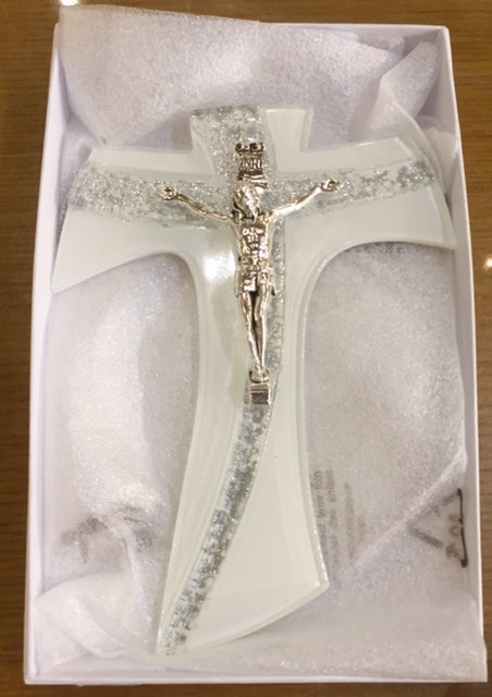 Tau in vetro con Cristo in bagno d'argento