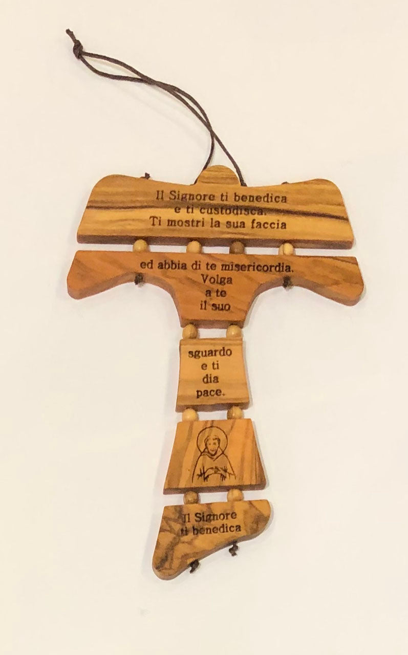 TAU da PARETE in ULIVO SNODATO con incisa la "BENEDIZIONE DI SAN FRANCESCO" 14 cm