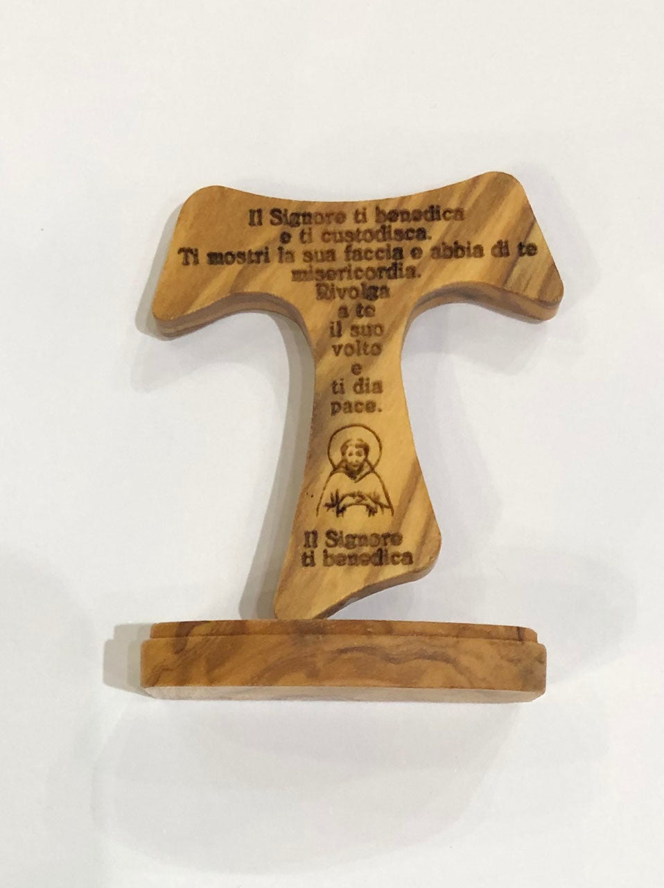 TAU con PIEDISTALLO in LEGNO D'ULIVO con incisa LA BENEDIZIONE DI SAN FRANCESCO