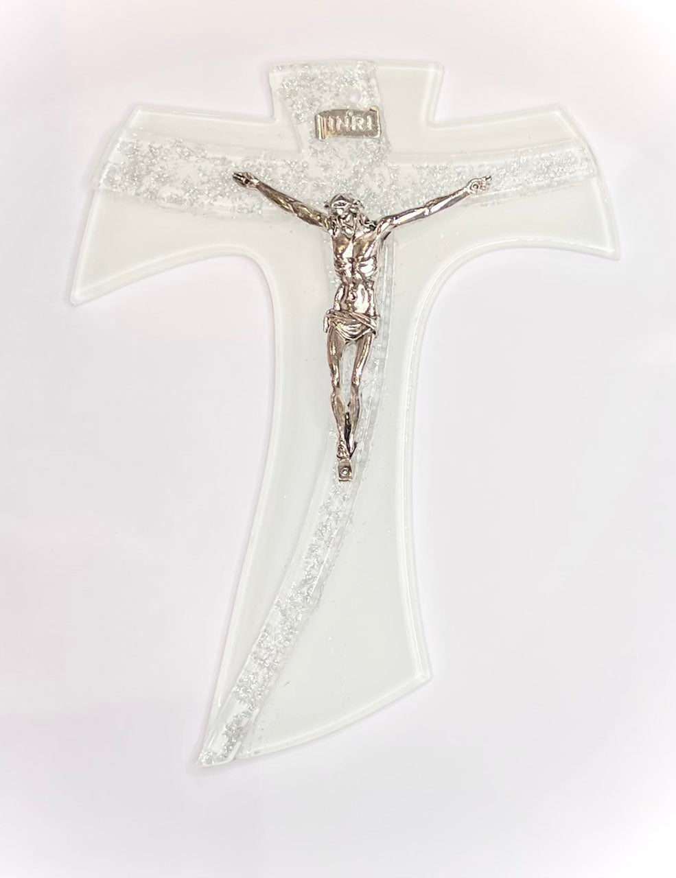 Tau in vetro con Cristo in bagno d'argento