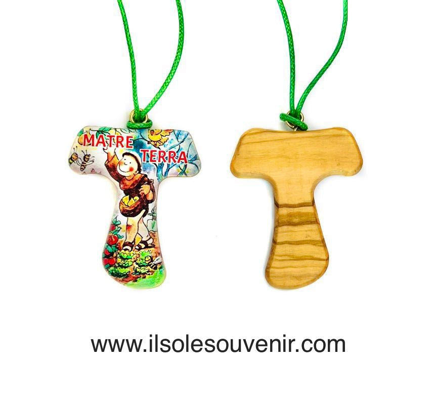 TAU in LEGNO D'ULIVO CON IMMAGINE CANTICO DELLE CREATURE SAN FRANCESCO