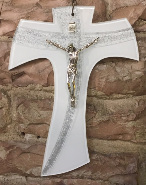 Tau in vetro con Cristo in bagno d'argento