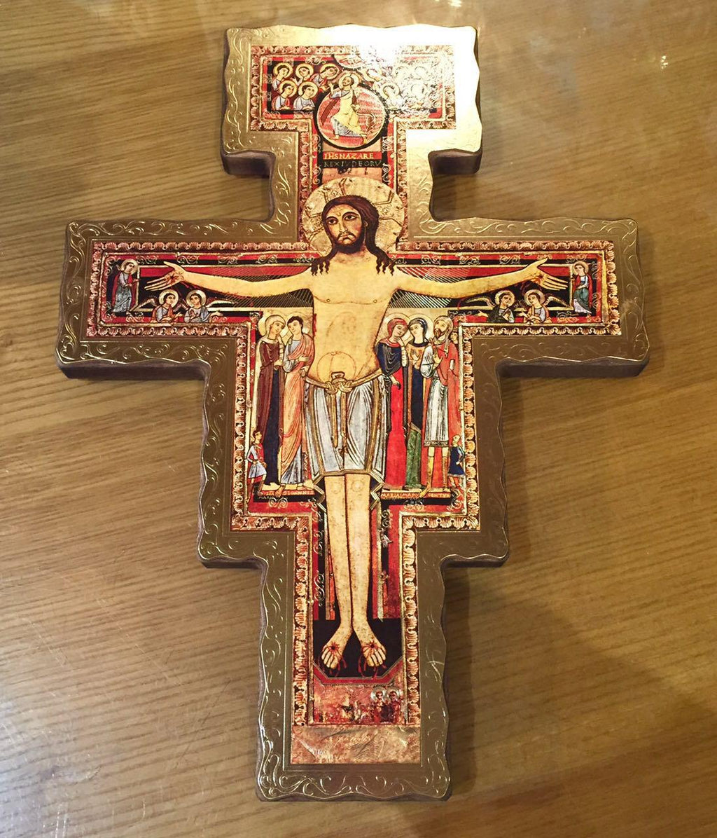 CROCIFISSO DI SAN DAMIANO con bordo lavorato e dorato