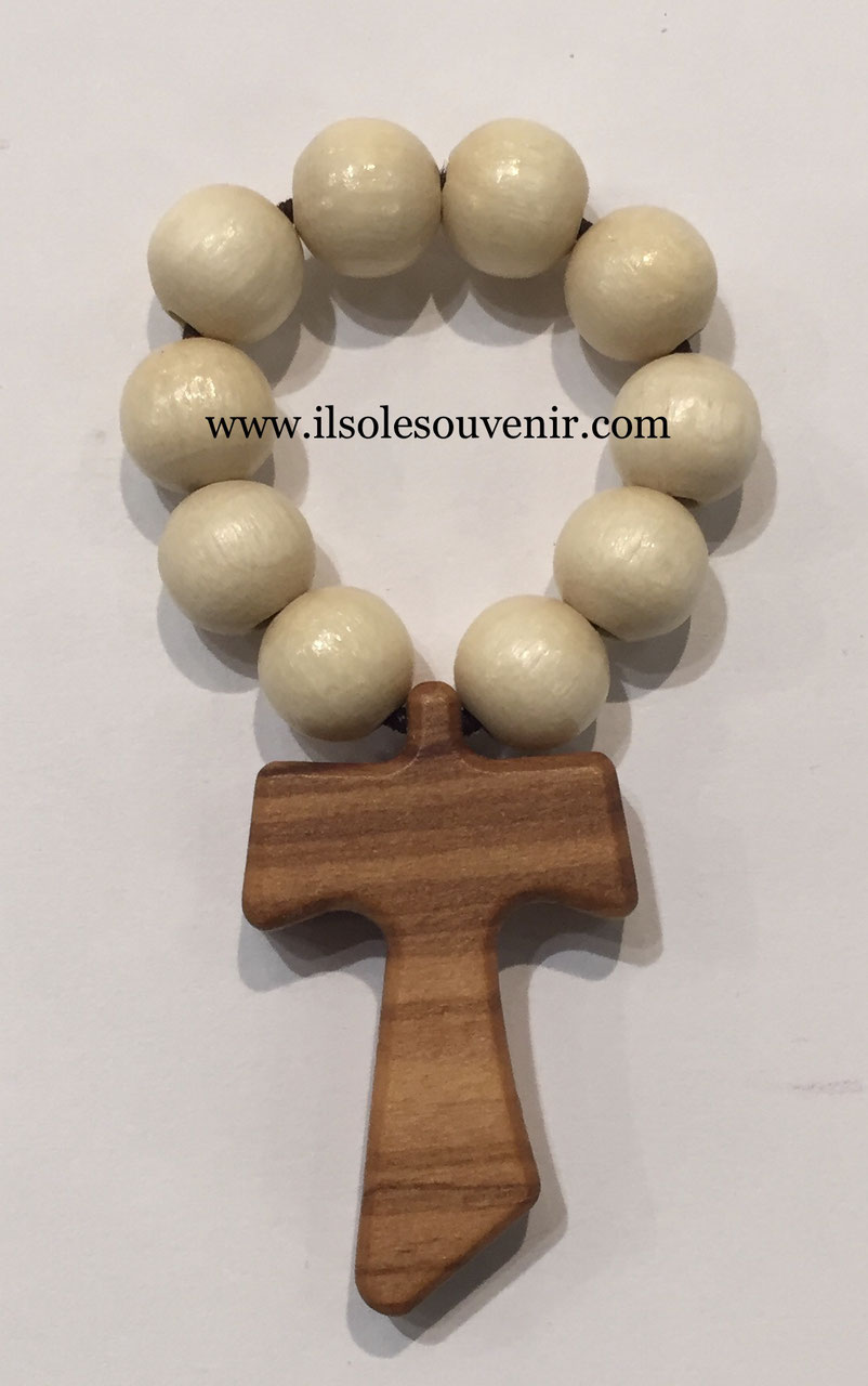 Decina con grani in legno bianco e Tau
