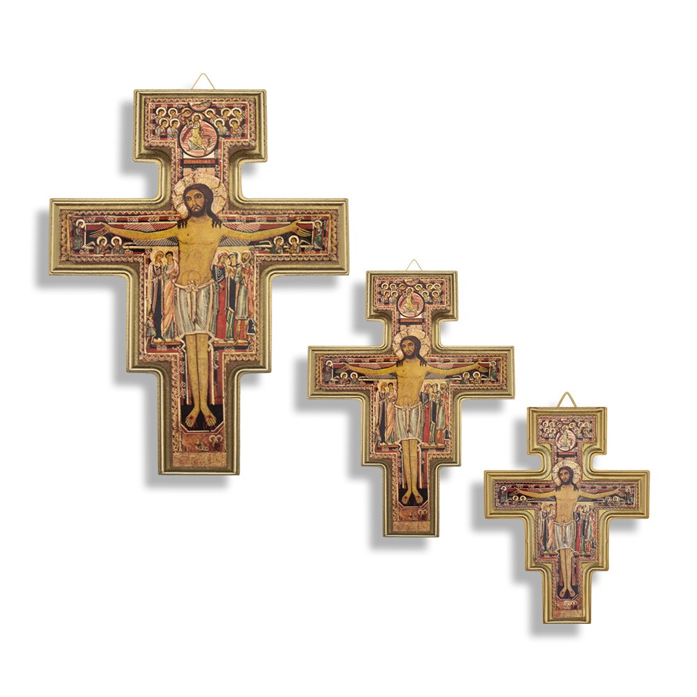 CROCIFISSO DI SAN DAMIANO BORDO ORO LEGNO MDF