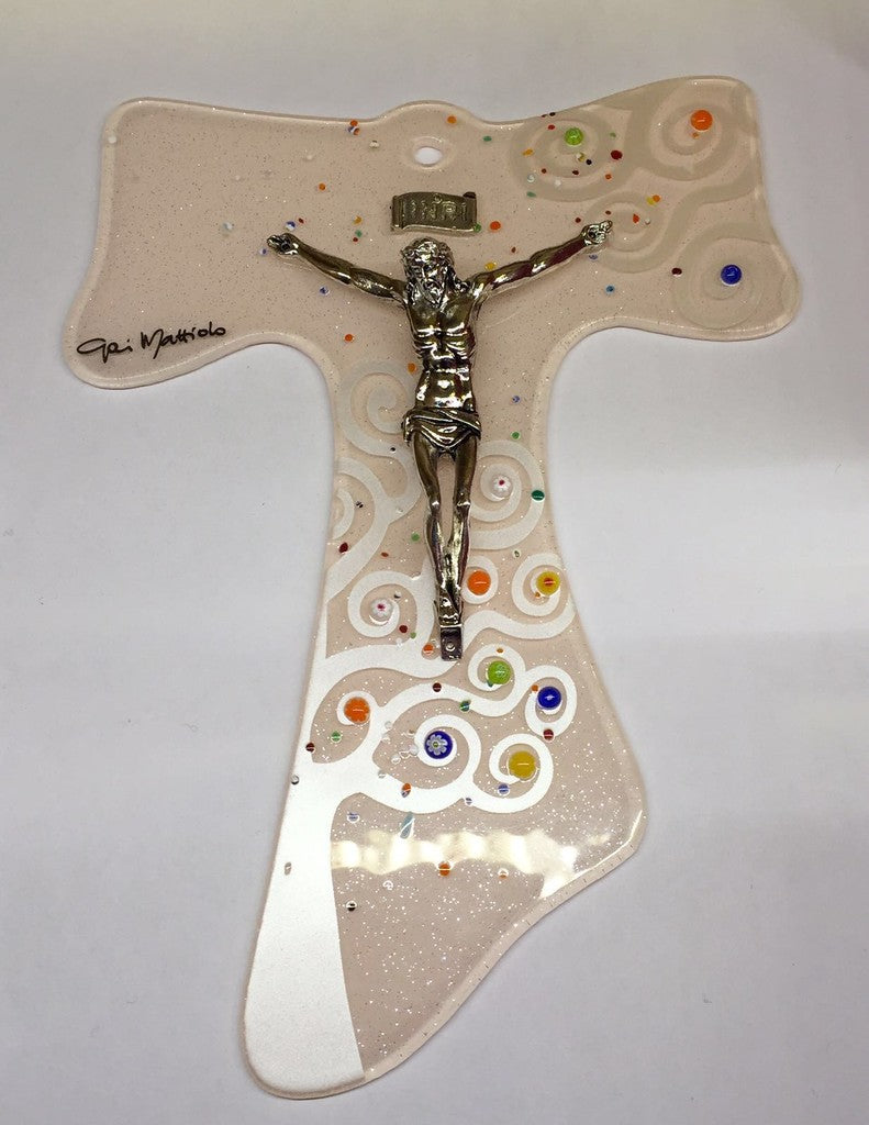 Tau in vetro con Cristo in bagno d'argento Colori rosa e beige