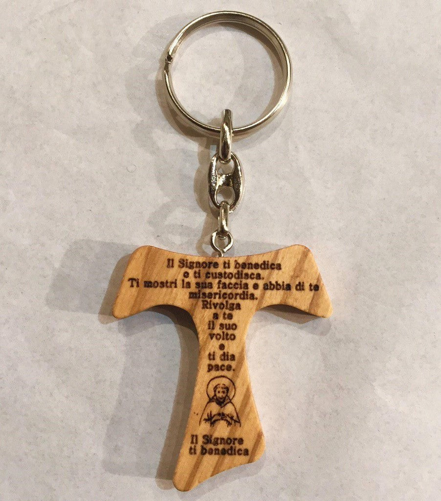 PORTACHIAVE con TAU in LEGNO D'ULIVO con INCISA "BENEDIZIONE DI SAN FRANCESCO"