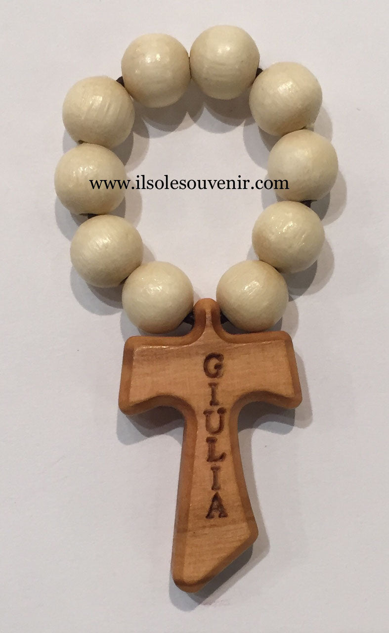 Decina con grani in legno bianco e Tau