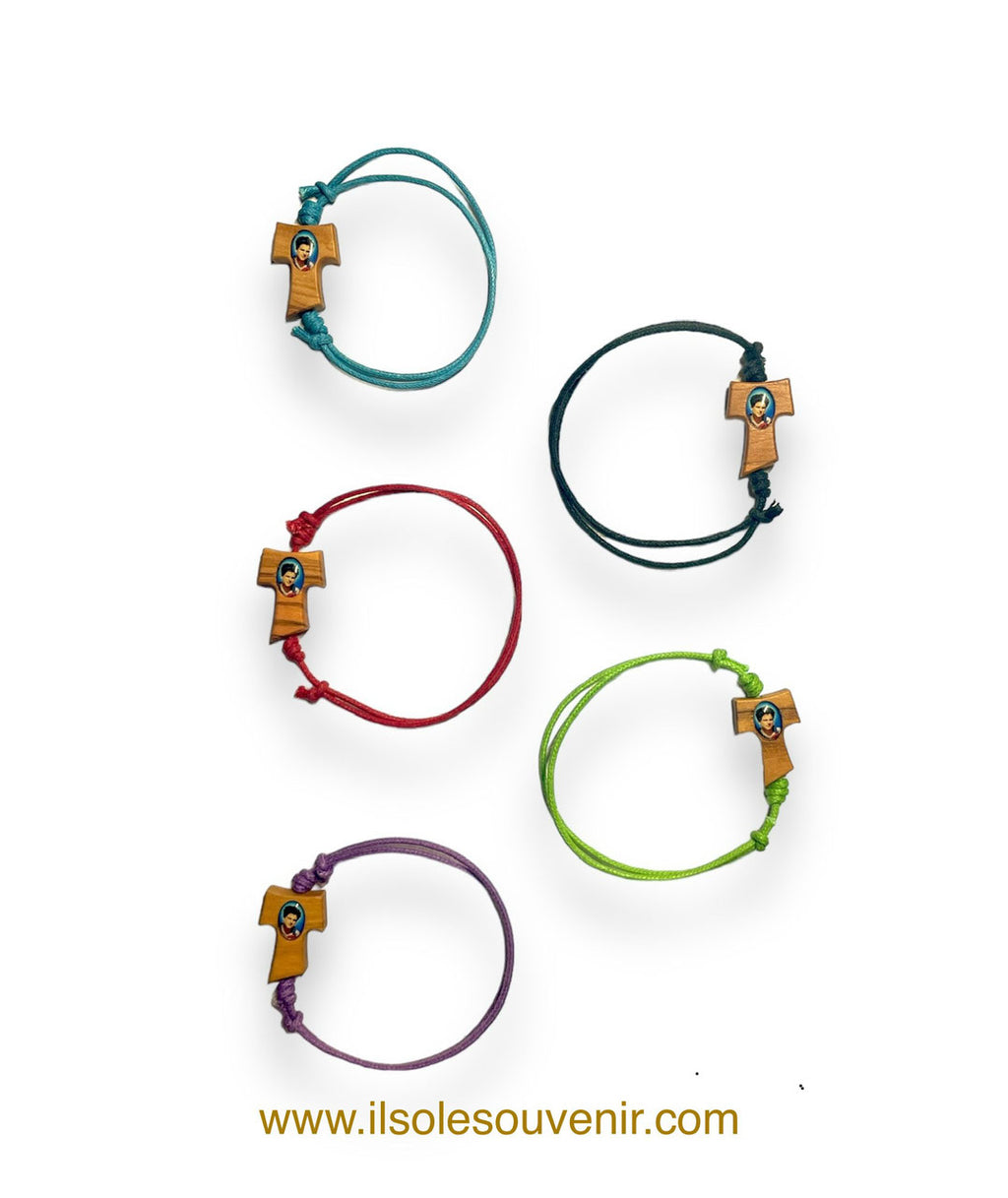 BRACCIALE con CORDONICINO COLORATO REGOLABILE con TAU e IMMAGINE ACUTIS