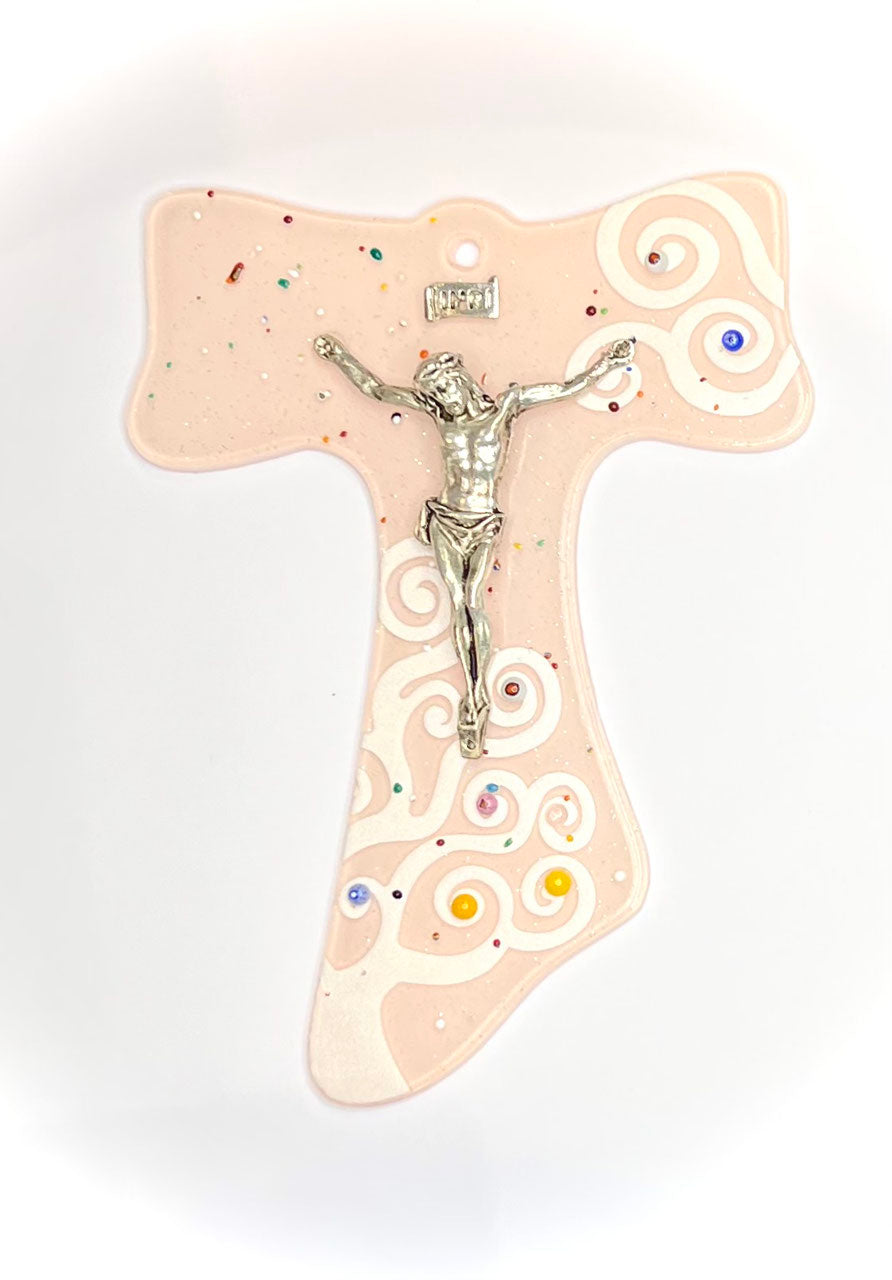 Tau in vetro con Cristo in bagno d'argento