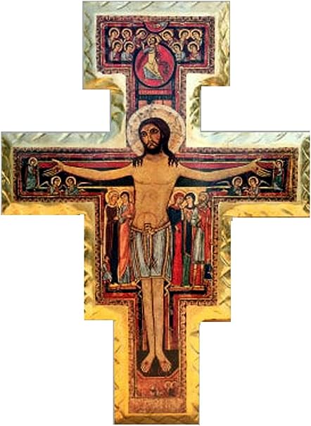 CROCIFISSO DI SAN DAMIANO GRANDI DIMENSIONE CON BORDO DORATO E LEGNO MASSELLO