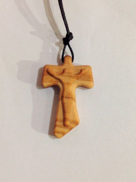 Tau in legno di ulivo con Cristo in basso rilievo e cordoncino marrone
